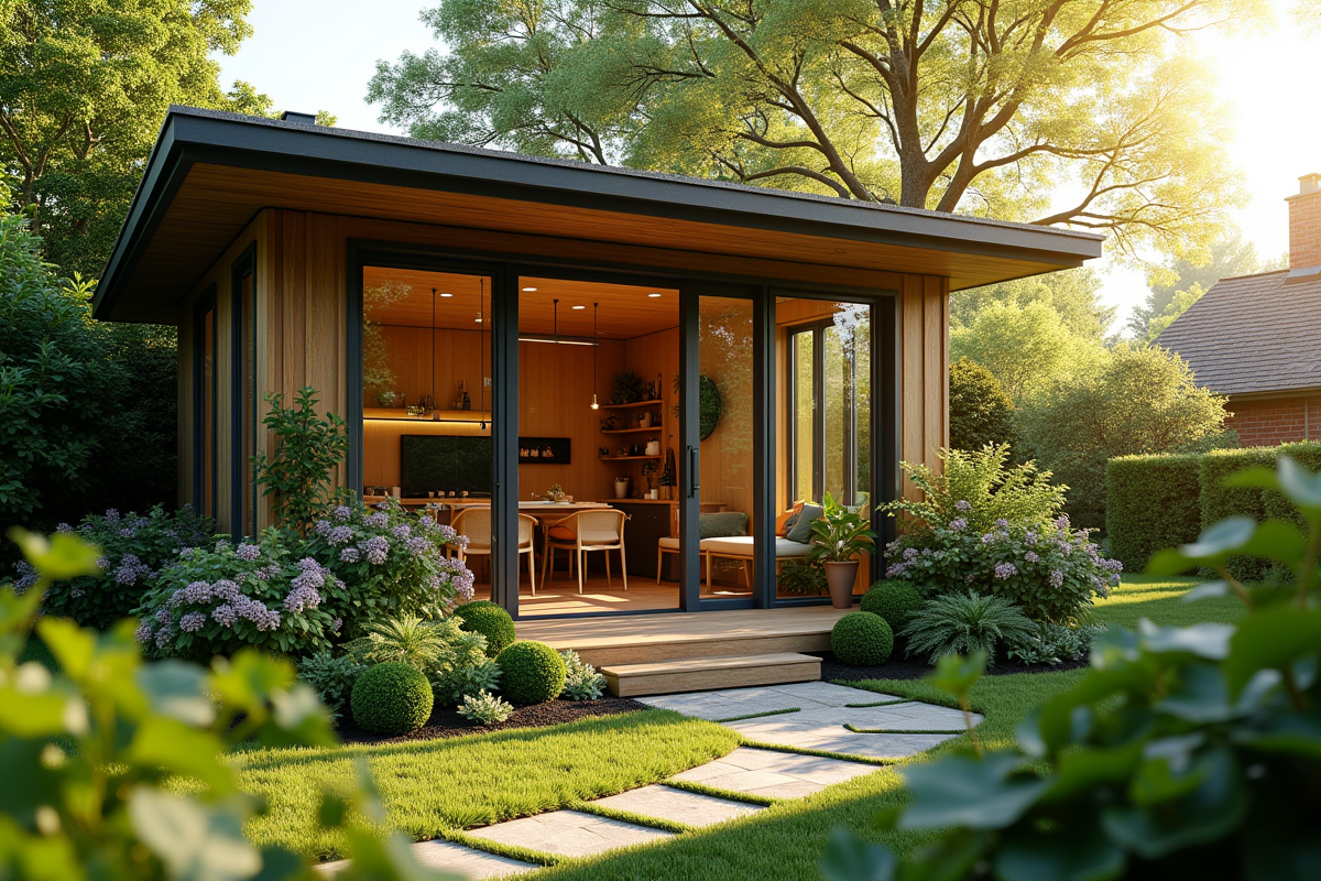 Studio de jardin cosy entre les plantes ensoleillées