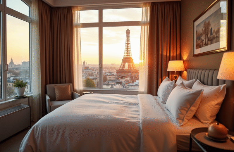 Suite d'hôtel élégante avec vue sur Paris au coucher de soleil
