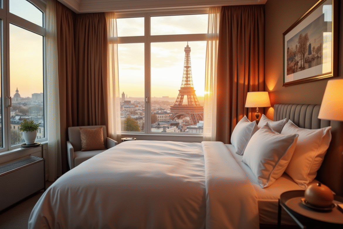 Suite d'hôtel élégante avec vue sur Paris au coucher de soleil