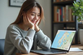 Femme consultant le suivi GLS en temps réel sur son ordinateur portable depuis un bureau à domicile