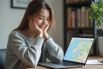 Femme consultant le suivi GLS en temps réel sur son ordinateur portable depuis un bureau à domicile