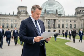 Homme politique allemand devant le Reichstag tenant des documents officiels représentant le système fédéral allemand