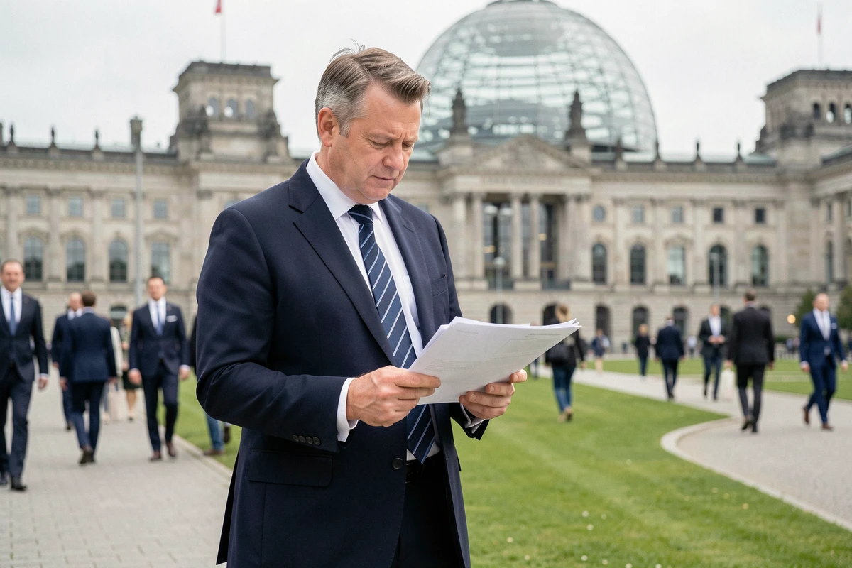 Homme politique allemand devant le Reichstag tenant des documents officiels représentant le système fédéral allemand