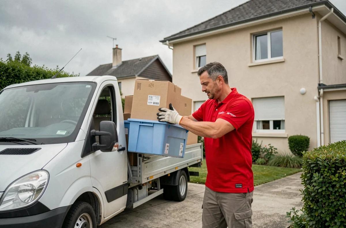 Déménageur de TDS Déménagement chargeant des boîtes et des bacs dans un camion blanc devant une maison pavillonnaire