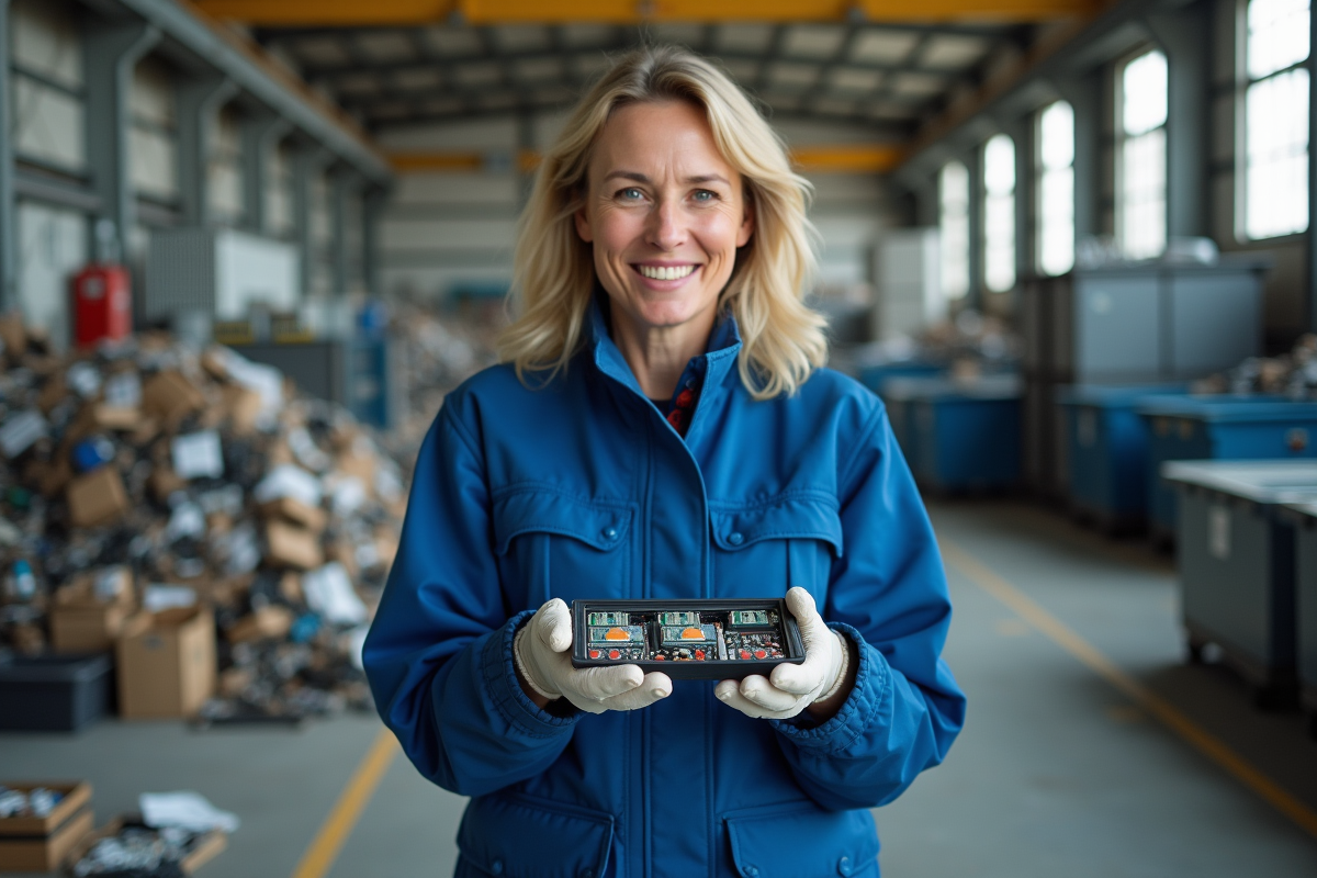 Technicien femme montre cellules de batterie recyclée