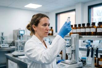 Technicienne de laboratoire française contrôlant la qualité d'un e-liquide dans une usine de fabrication moderne