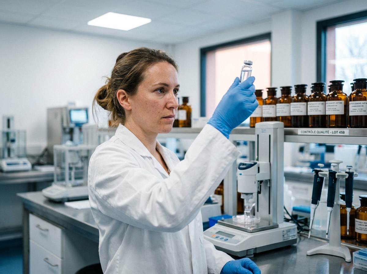 Technicienne de laboratoire française contrôlant la qualité d'un e-liquide dans une usine de fabrication moderne