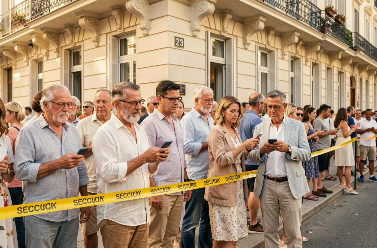 Touristes et habitants de Cannes rassemblés derrière un périmètre de sécurité lors d'une alerte, consultant leurs téléphones pour obtenir des consignes