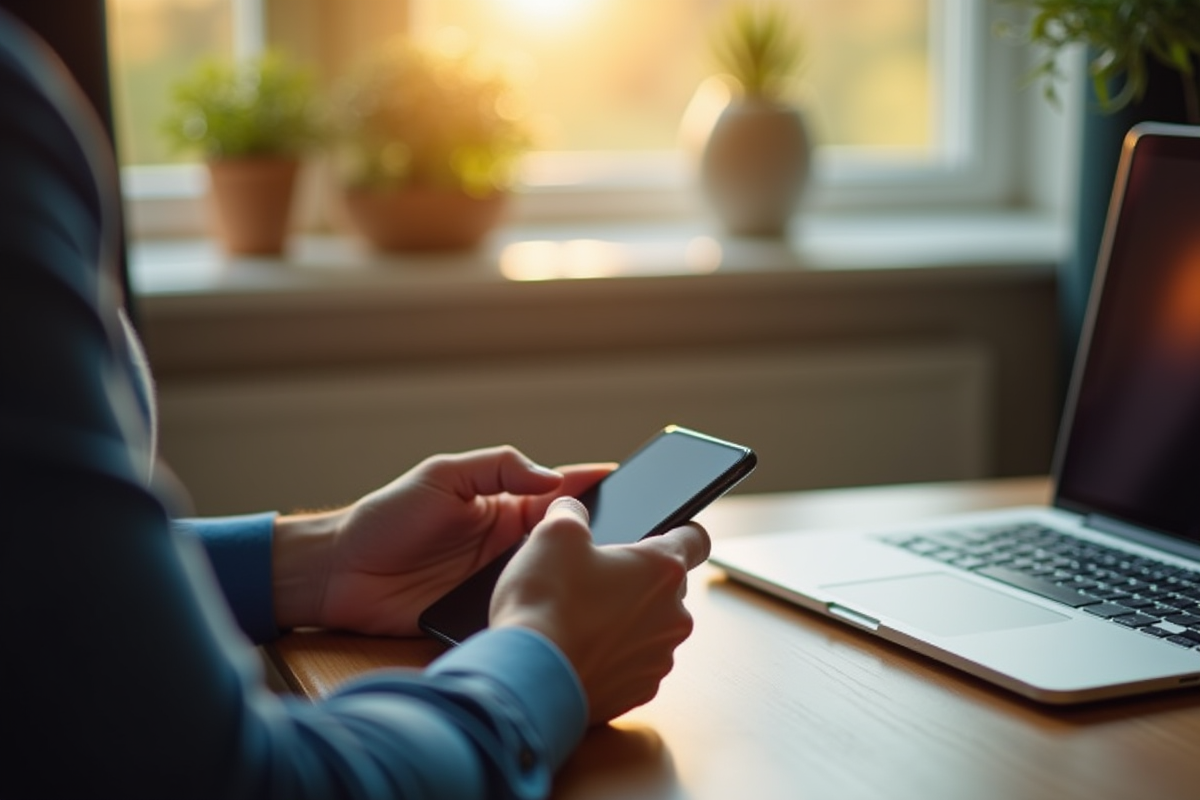 Personne effectuant un transfert bancaire sur un smartphone dans un bureau