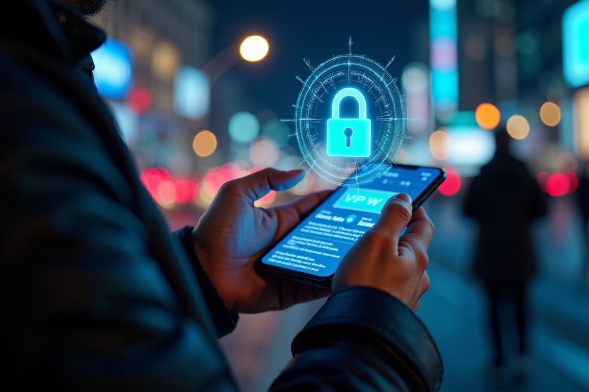 Personne utilisant un smartphone avec un cadenas holographique VPN en ville