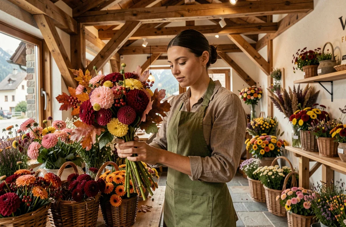 Fleuriste de Vagney Fleurs arrangeant un bouquet automnal de dahlias et baies dans son atelier en montagne vosgienne