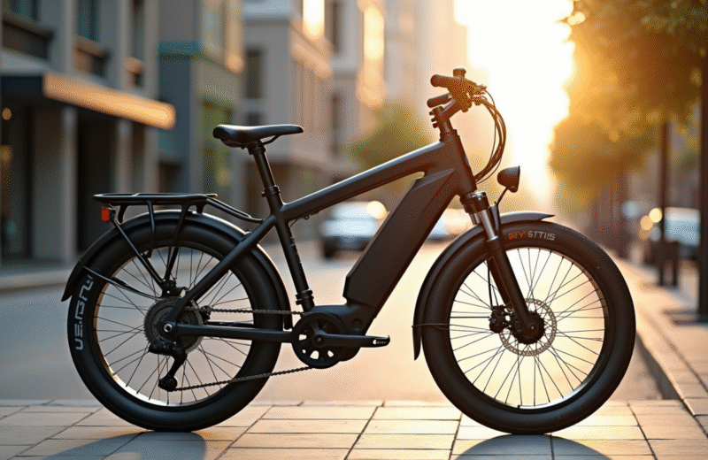 Vélo électrique moderne stationné en ville au matin
