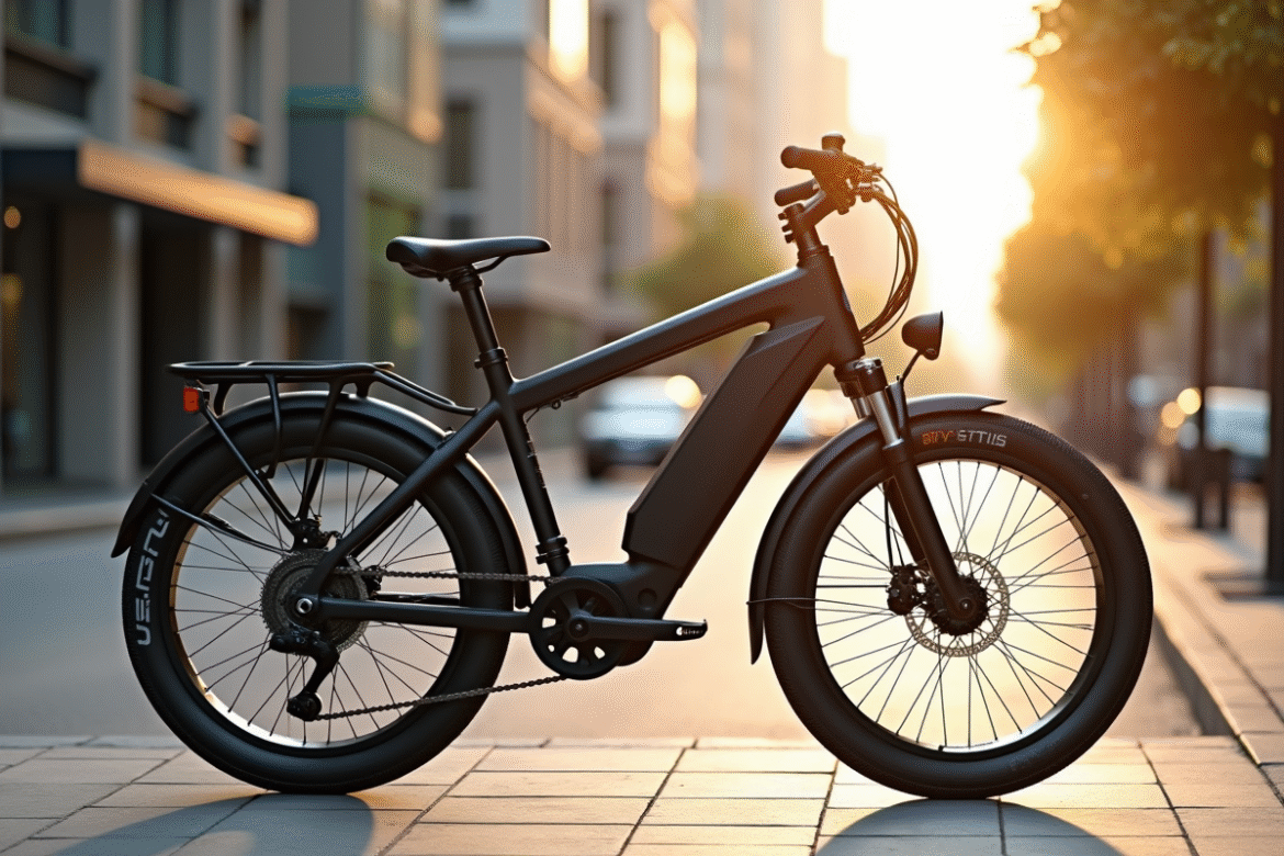 Vélo électrique moderne stationné en ville au matin