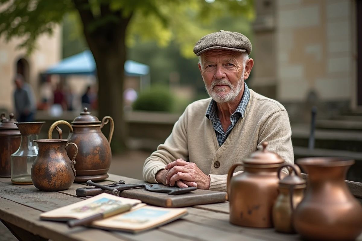 Vendeur âgé assis derrière sa table remplie d'objets anciens lors d'un vide grenier dans le Lot