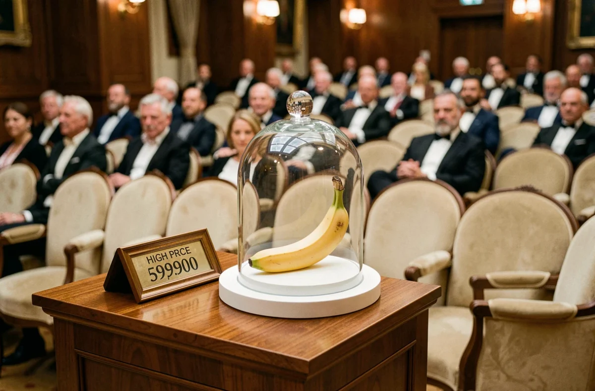 Salle des ventes aux enchères avec une banane sous cloche en vente, symbole de la folie spéculative du marché de l'art