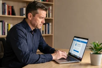 Homme vérifiant la sécurité d'un site de jeux en ligne sur son ordinateur portable dans un bureau à domicile