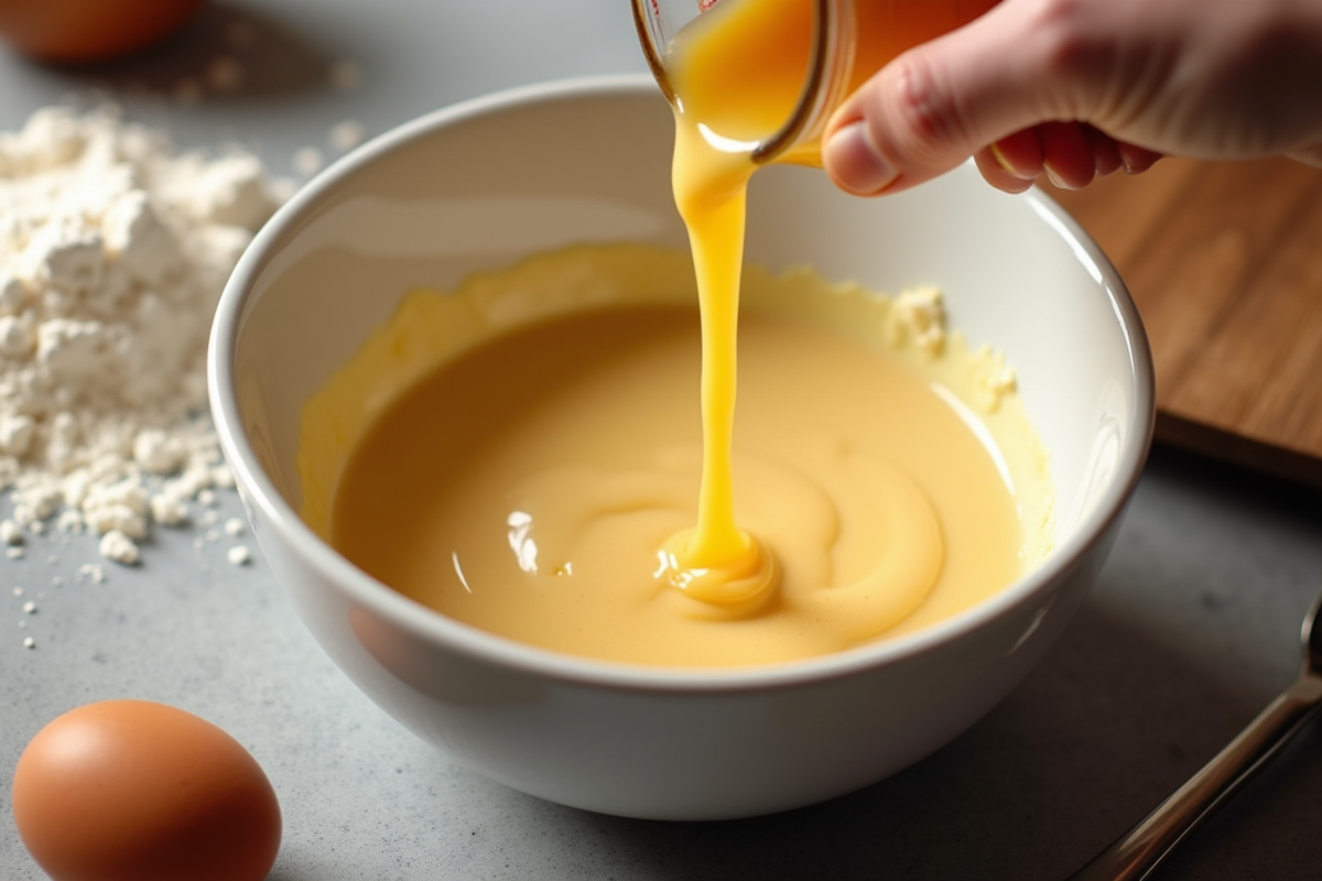 Main versant de la bière dans la pâte à crepes en bol