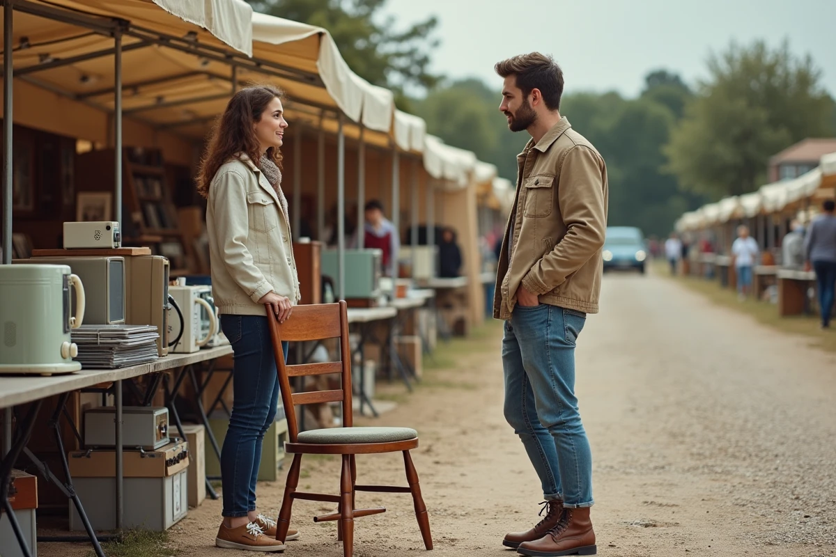 Couple de jeunes acheteurs négociant avec un vendeur dans un vide grenier de l'Aveyron