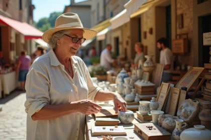 Femme parcourant les tables d'un vide grenier en plein air dans un village du Lot en été