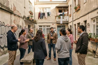 Habitants d'un quartier populaire réunis dans une cour intérieure urbaine, illustrant la vie communautaire dans les quartiers dits chauds