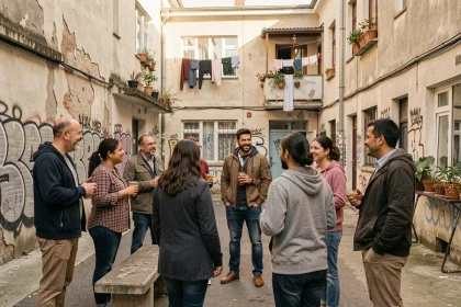 Habitants d'un quartier populaire réunis dans une cour intérieure urbaine, illustrant la vie communautaire dans les quartiers dits chauds