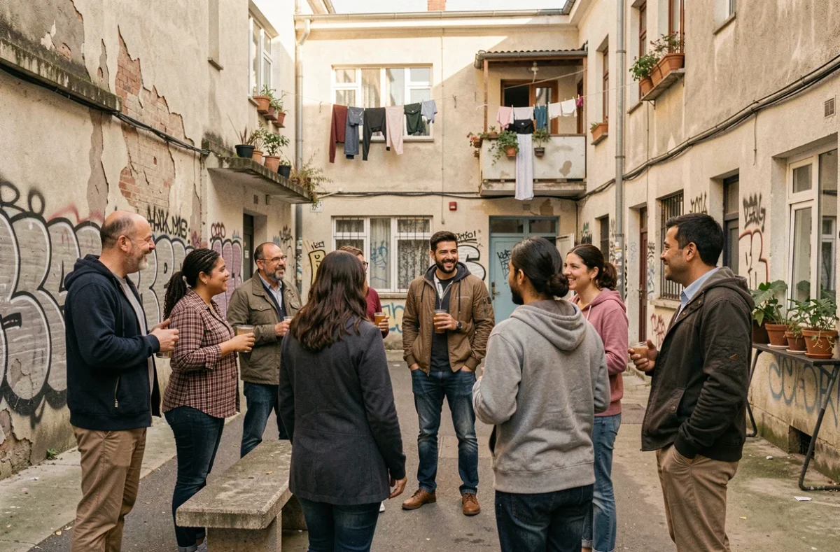 Habitants d'un quartier populaire réunis dans une cour intérieure urbaine, illustrant la vie communautaire dans les quartiers dits chauds