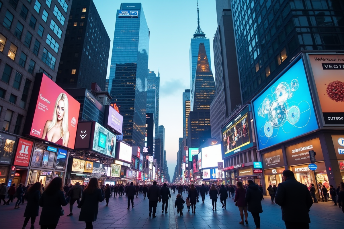 Ville la nuit avec gratte-ciel illuminés et personnes utilisant la réalité augmentée