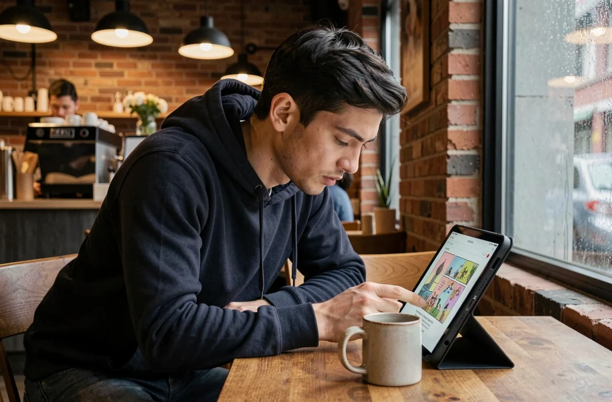 Jeune homme lisant un webtoon en français sur tablette dans un café urbain moderne